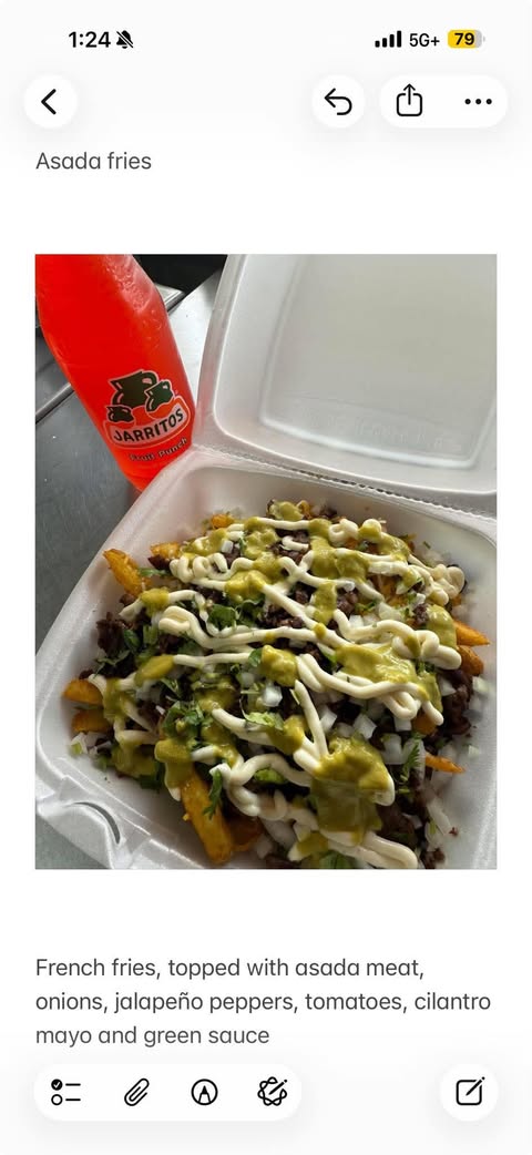 Crispy fries loaded with asada, green sauce, cilantro and onion